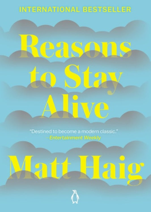 This image features the cover of "Reasons to Stay Alive" by Matt Haig, a book that has made its way onto the New York Times bestseller list. The cover design is minimalist, utilizing a serene blue background with cumulus clouds in shades of white and gray.