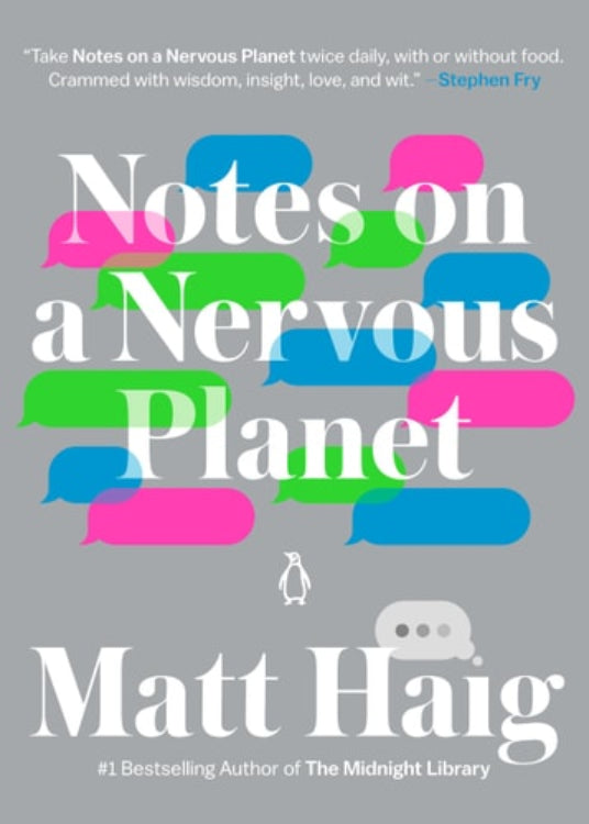 This image displays the cover of "Notes on a Nervous Planet" by Matt Haig, a book that explores the impacts of modern life on mental well-being. The cover design is minimalist, featuring a quiet street scene with street lamps and a subtle depiction of a figure walking in the distance.