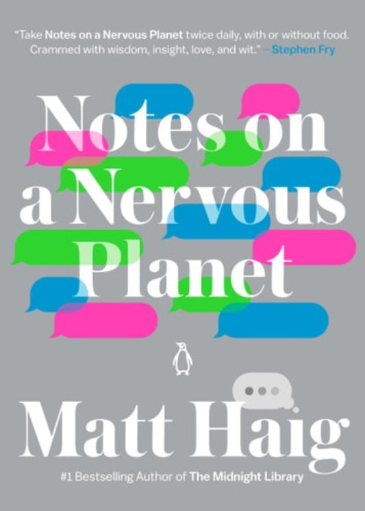 This image displays the cover of "Notes on a Nervous Planet" by Matt Haig, a book that explores the impacts of modern life on mental well-being. The cover design is minimalist, featuring a quiet street scene with street lamps and a subtle depiction of a figure walking in the distance.