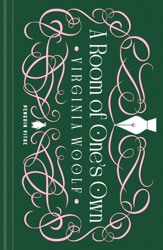 Book cover of 'A Room of One's Own' by Virginia Woolf with decorative pink text on a green background