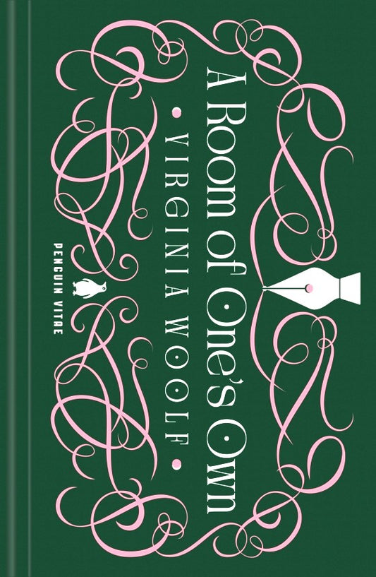 Book cover of 'A Room of One's Own' by Virginia Woolf with decorative pink text on a green background
