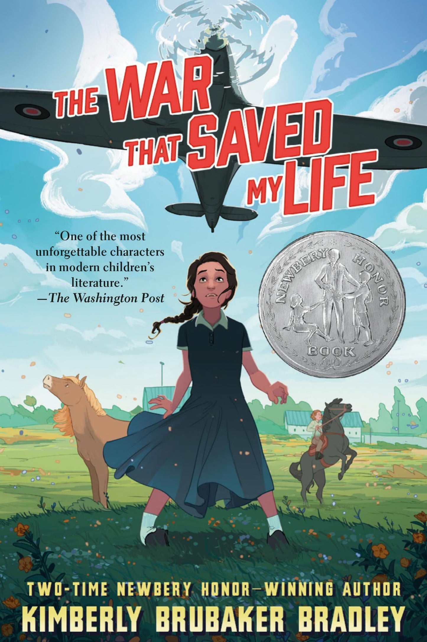 Book cover of 'The War That Saved My Life' with a girl, plane, and coin illustration.
