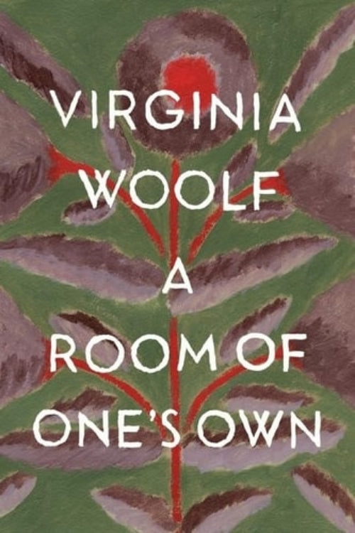 This image features the cover of "A Room of One's Own" by Virginia Woolf. The cover design is minimalist, utilizing a muted color palette for the background with a floral pattern.