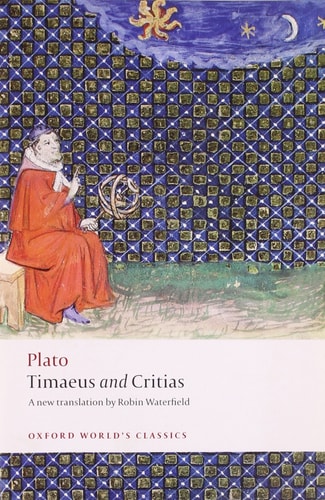 Book cover of 'Timaeus and Critias' by Plato with a classical illustration of a philosopher.