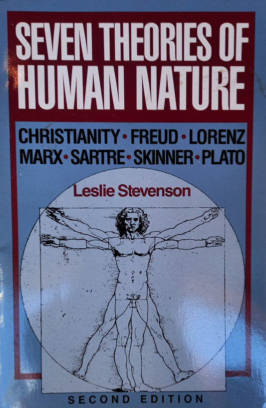 Cover of the book 'Seven Theories of Human Nature' by Leslie Stevenson featuring a drawing of a human figure with different philosophical and psychological theories named on the figure.
