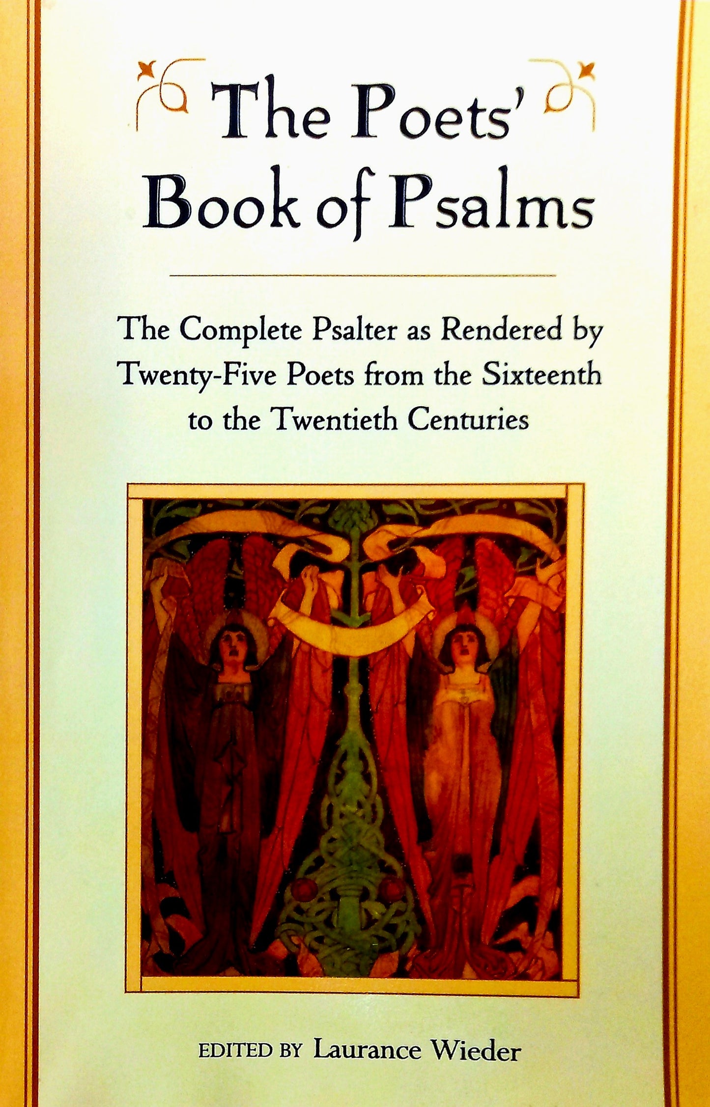 The cover of 'The Poets' Book of Psalms' featuring a design with human figures and a decorative border in a gold color, with the title and editor's name at the bottom.