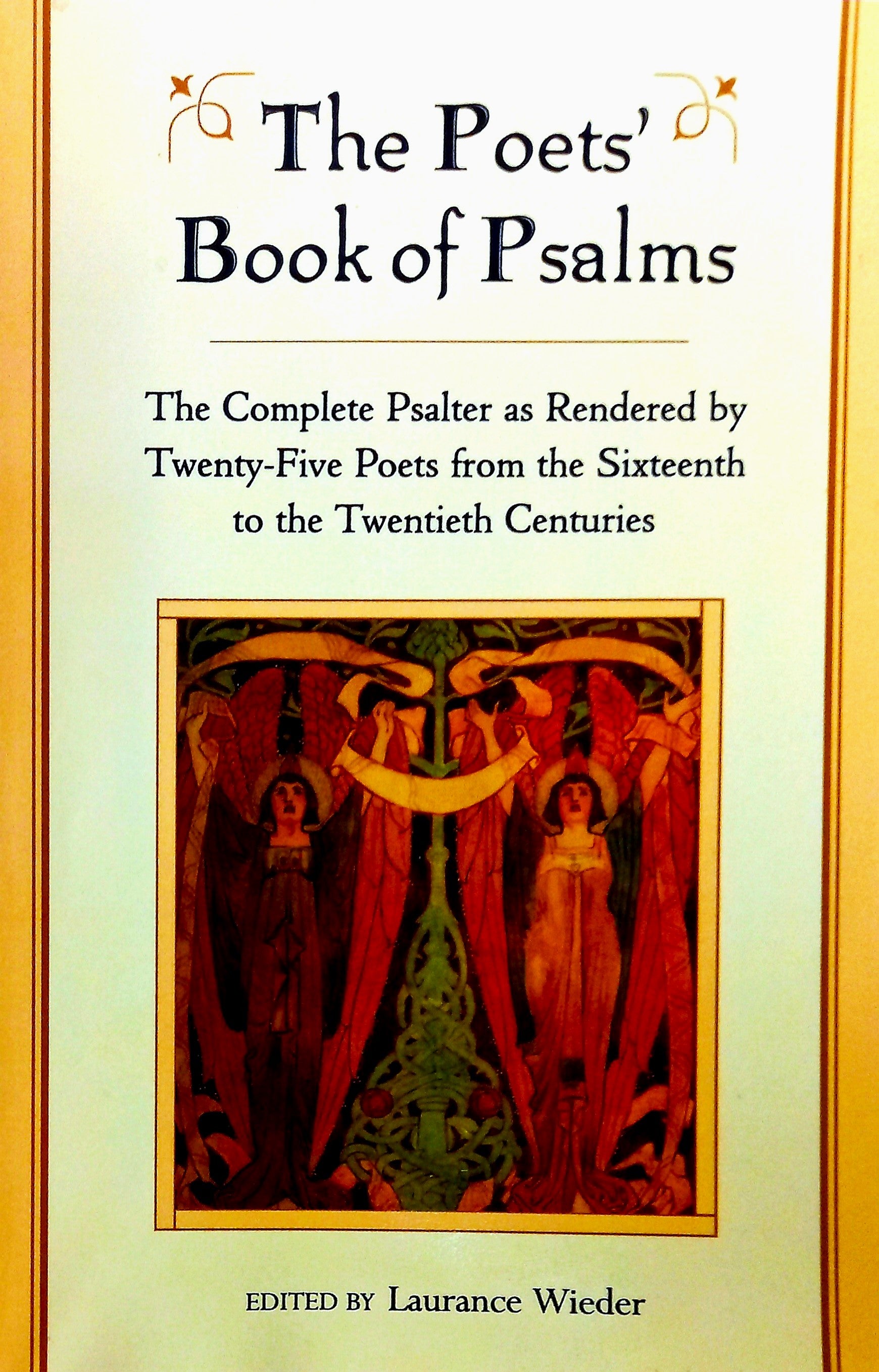 The cover of 'The Poets' Book of Psalms' featuring a design with human figures and a decorative border in a gold color, with the title and editor's name at the bottom.