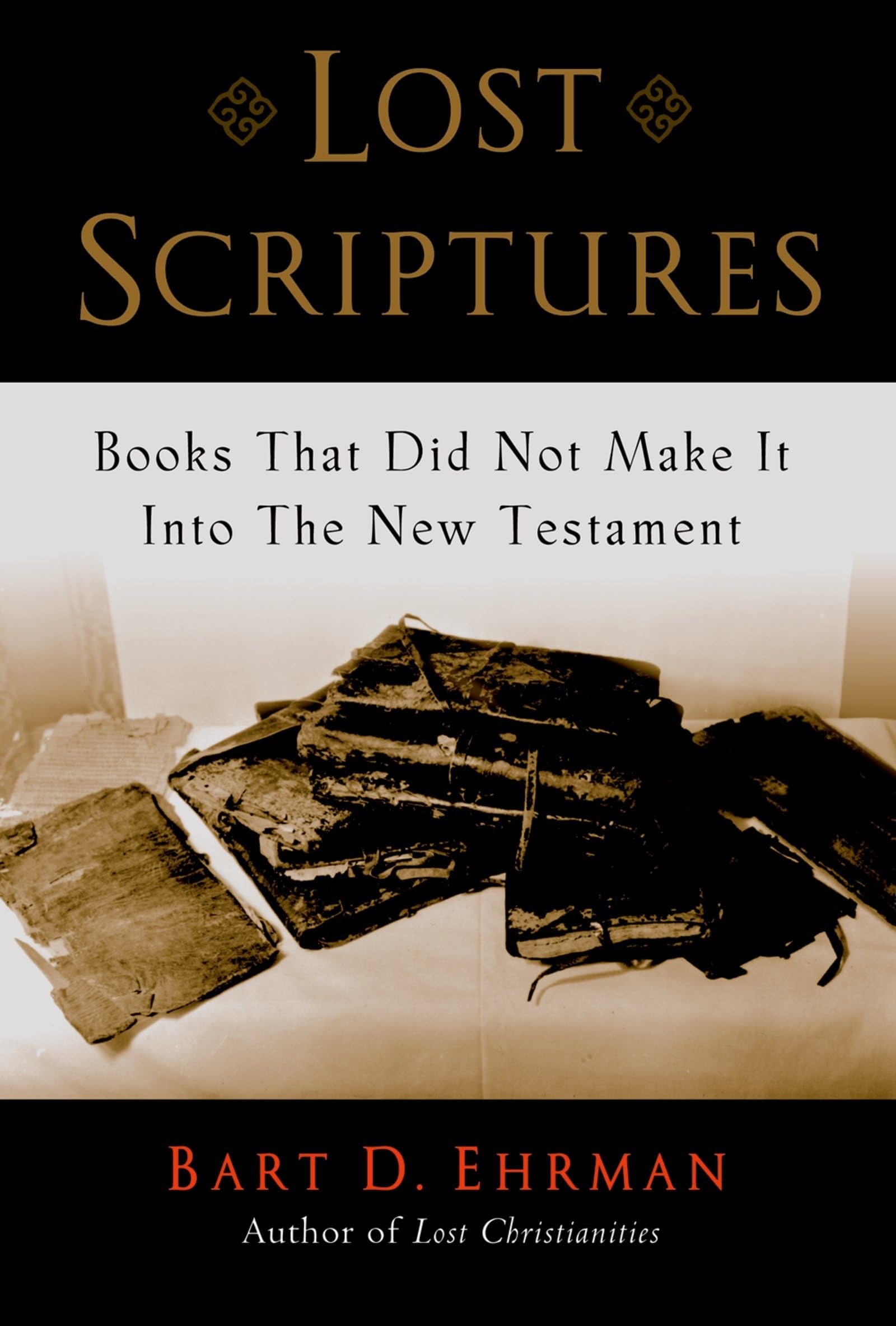 Book cover of 'Lost Scriptures' with text and a vintage-style image of books.