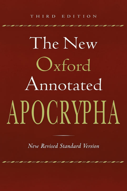 Front cover of the book 'The New Oxford Annotated Apocrypha' Third Edition, featuring a dark red background with gold and white text.