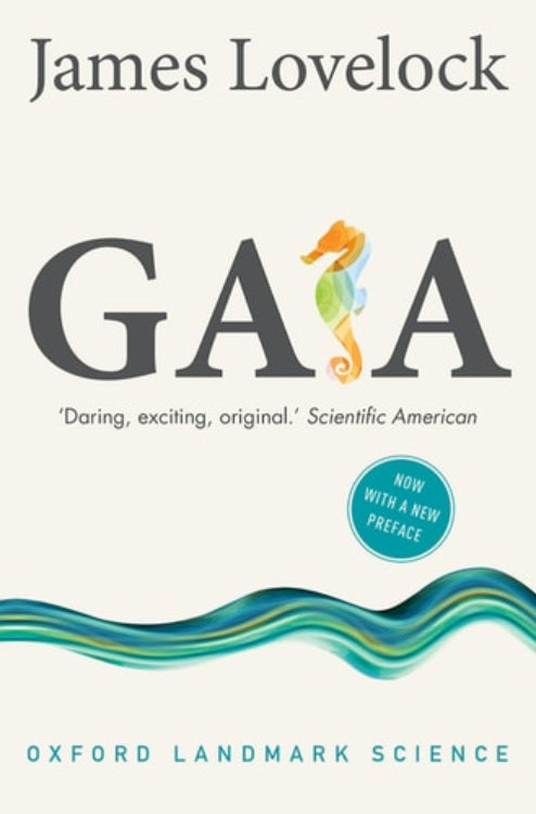 Cover of the book 'Gaia' by James Lovelock, featuring the title text with a green and blue design that includes a graphic of a seahorse.