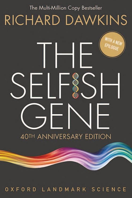 Book cover of 'The Selfish Gene' by Richard Dawkins with a colorful DNA strand on a dark background.