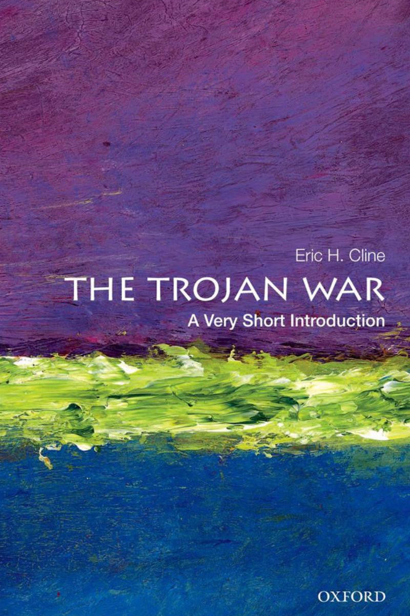 Book cover for 'The Trojan War: A Very Short Introduction' by Eric H. Cline, featuring an abstract painted background with purple, green, and blue brushstrokes and the Oxford logo at the bottom.