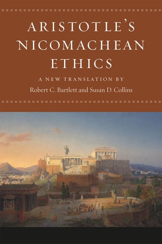 Cover of the book 'Aristotle's Nicomachean Ethics' with a classical cityscape in the background.