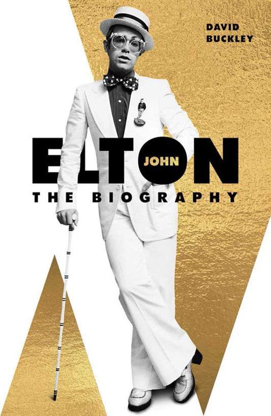 Book cover of 'Elton John: The Biography' with a stylized portrait of Elton John on a gold and black background.