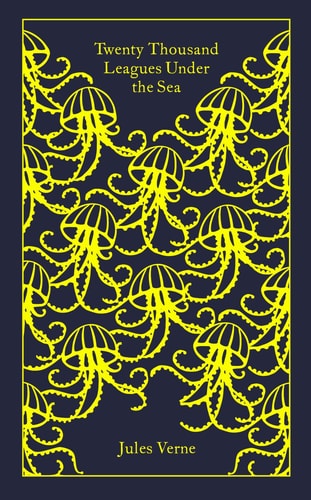 Cover of 'Twenty Thousand Leagues Under the Sea' featuring intricate yellow jellyfish-like designs on a dark blue background