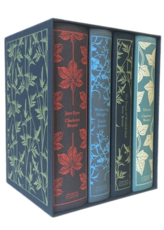 Boxed set of four Bronte sister Penguin Classics clothbound books with floral and leaf patterns on the covers, titled Jane Eyre, Wuthering Heights, The Tenant of Wildfell Hall, and Villette.