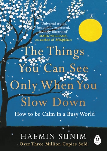 Book cover of 'The Things You Can See Only When You Slow Down' with a tree and moon illustration on a blue background.
