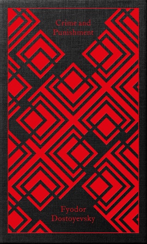 Clothbound book cover of 'Crime and Punishment' by Fyodor Dostoyevsky with a red and black geometric pattern.