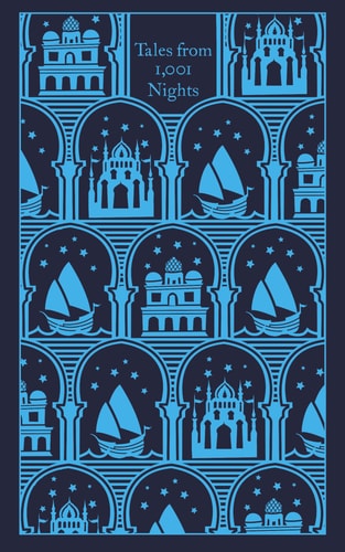 Book cover of 'Tales from 1,001 Nights: Aladdin, Ali Baba and Other Favourites' featuring blue illustrations of arabesque patterns, arches, and boats on a dark background.
