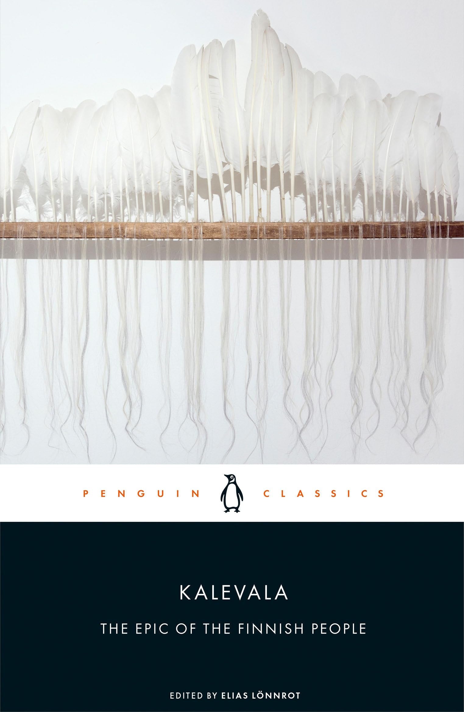 Book cover of 'Kalevala' by Elias Lönnrot with a white abstract design on a black background.