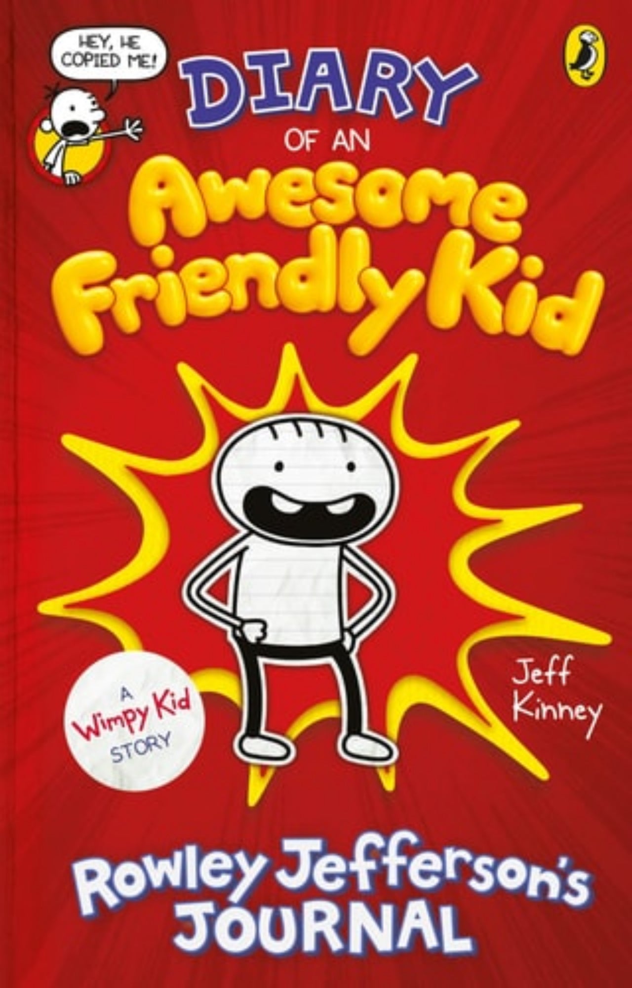 Book cover of 'Diary of an Awesome Friendly Kid: Rowley Jefferson's Journal by Jeff Kinney | A Diary of a Wimpy Kid Book' by Jeff Kinney with a red background and cartoon character.