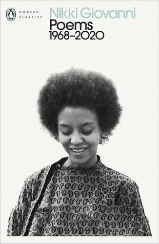 Cover of the book 'Poems: 1968-2020' by Nikki Giovanni, featuring a black and white photograph of the author.