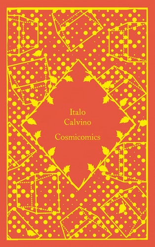 A red clothbound book cover featuring yellow dots and geometric patterns, with the title 'Cosmicomics' and the author 'Italo Calvino' printed on it.