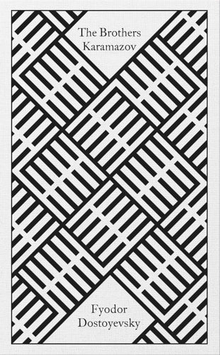 Cover of 'The Brothers Karamazov' by Fyodor Dostoyevsky, featuring a geometric pattern in black and white.