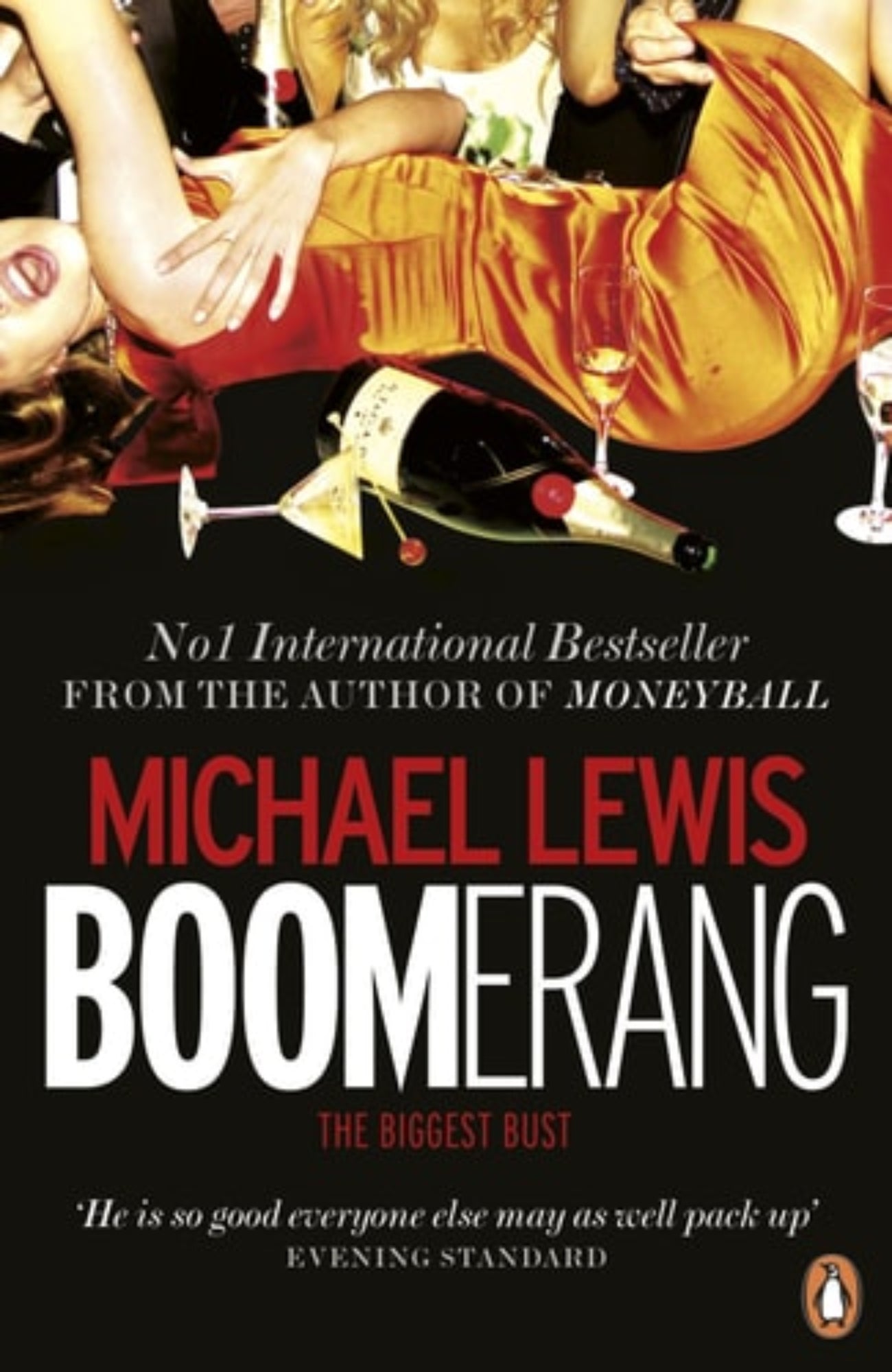 Book cover of 'Boomerang: The Biggest Bust' by Michael Lewis with a woman in an orange dress and a bottle of wine.