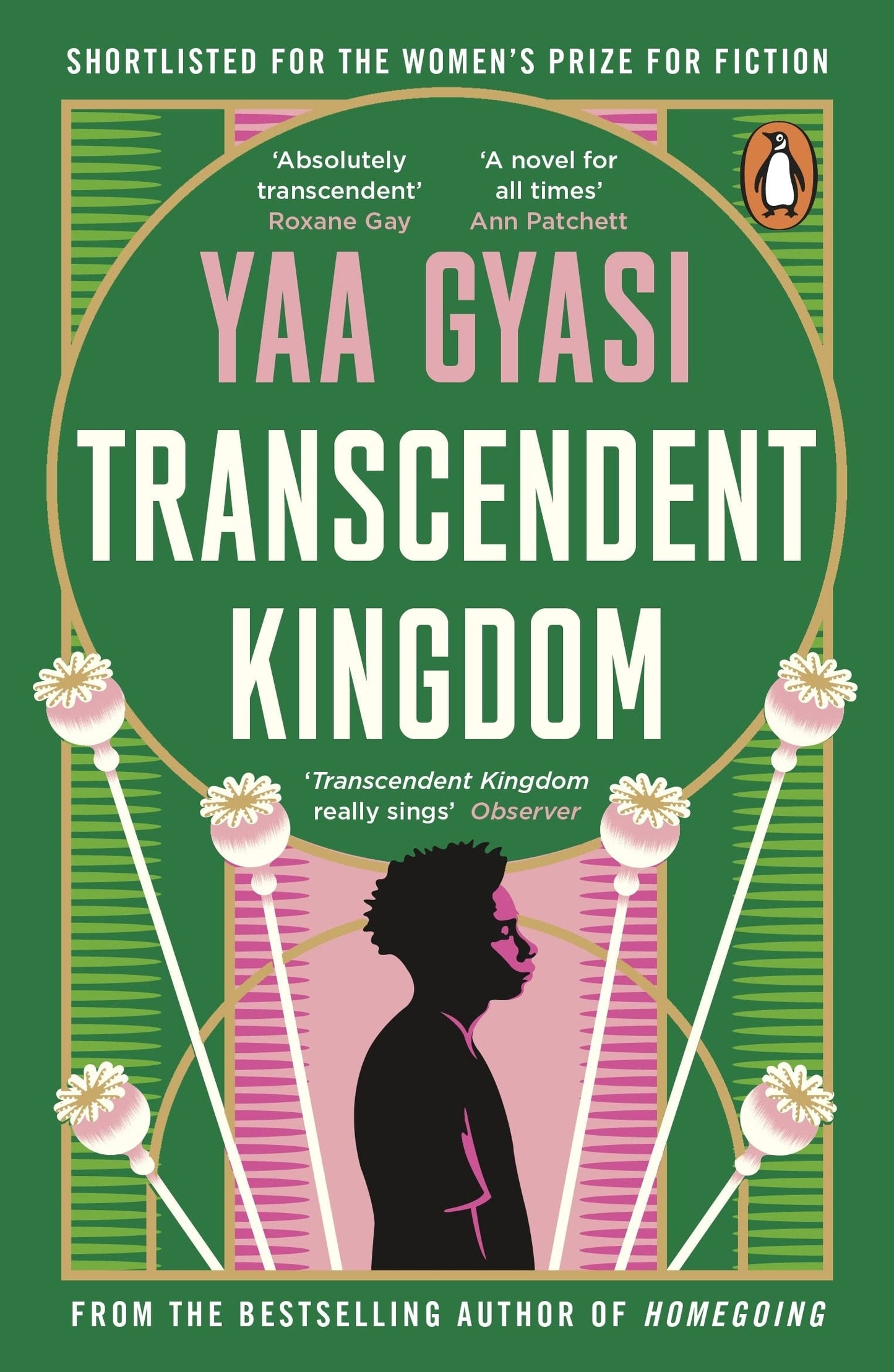Book cover of 'Transcendent Kingdom' by Yaa Gyasi with a green background and silhouette design.