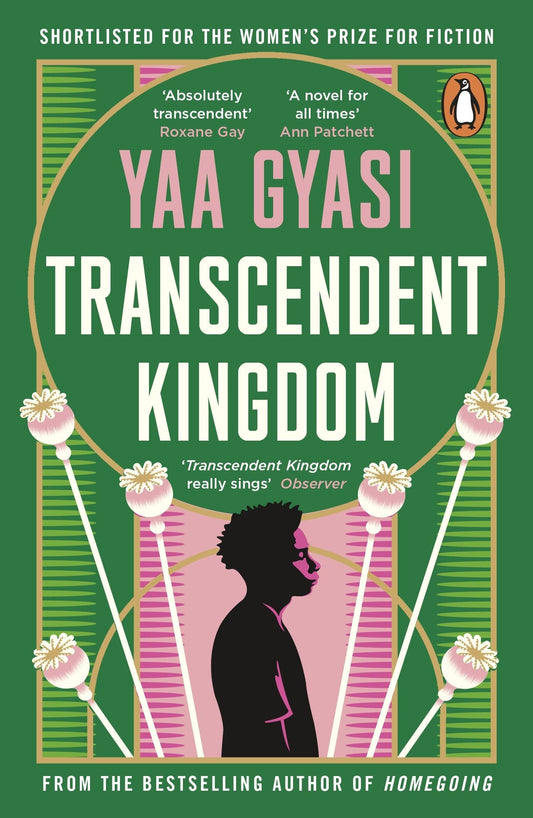 Book cover of 'Transcendent Kingdom' by Yaa Gyasi with a green background and silhouette design.