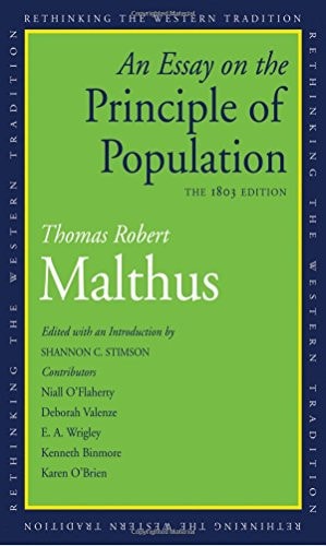 Book cover of 'An Essay on the Principle of Population' by Thomas Robert Malthus with a green background.
