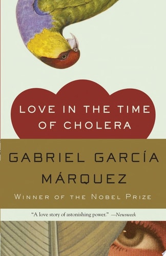 Book cover of 'Love in the Time of Cholera' by Gabriel García Márquez with a parrot illustration.
