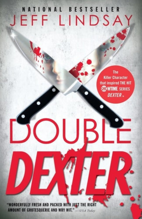 Cover of the book 'Double Dexter' by Jeff Lindsay with a pair of knives covered in blood.