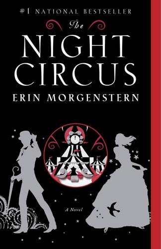 Book cover of 'The Night Circus' by Erin Morgenstern with silhouettes and a central circular design.