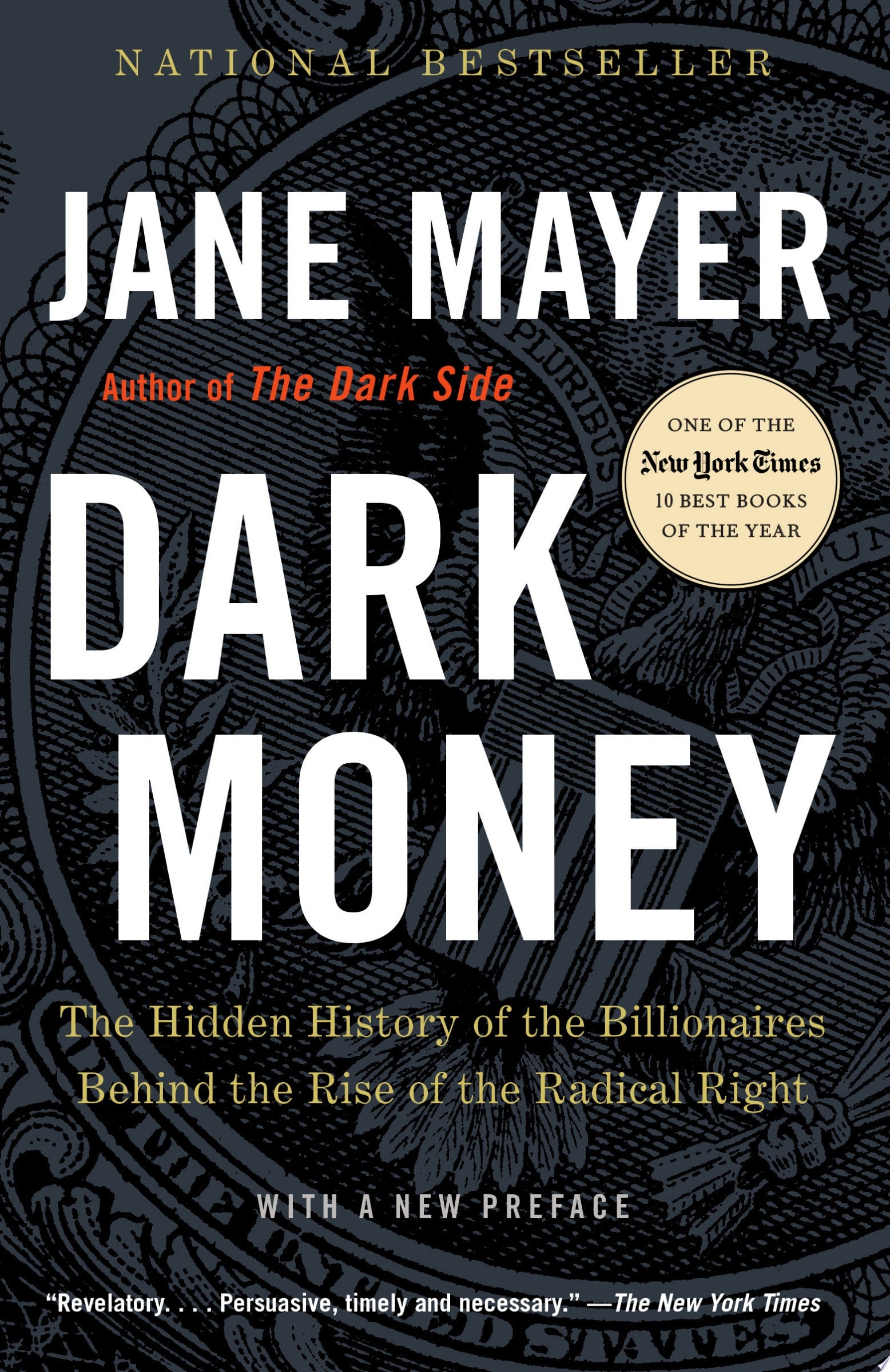 Book cover of 'Dark Money' by Jane Mayer with decorative elements on a dark background