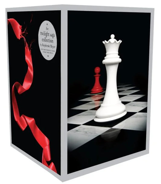 A hardcover book box set collection titled 'The Twilight Saga' by Stephenie Meyer, featuring a dark cover with a white and red ribbon design and a chess piece.