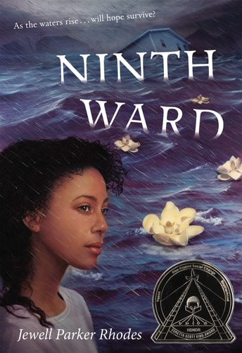 Book cover of 'Ninth Ward' by Jewell Parker Rhodes with a woman's face and flowers in water