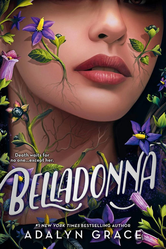 Book cover of 'Belladonna' by Adalyn Grace featuring a woman with purple flowers and a gothic-style background.