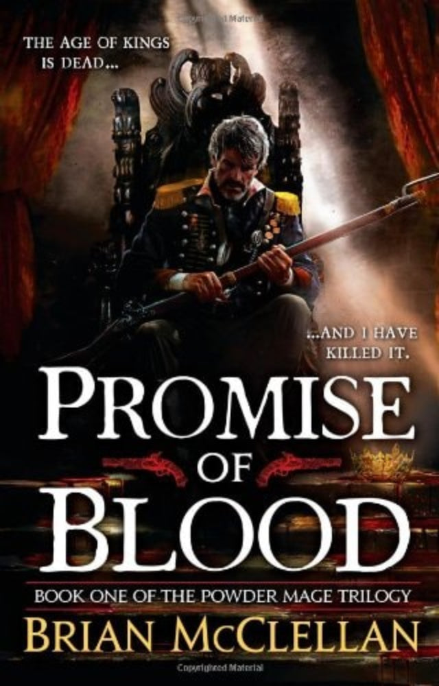 Book cover of 'Promise of Blood' by Brian McClellan featuring a character holding a weapon.