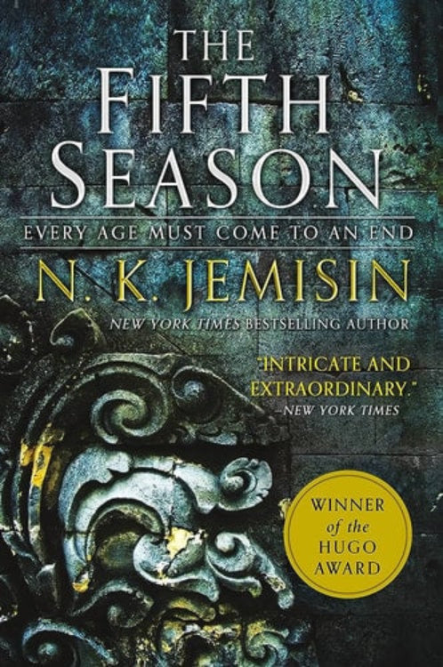 Book cover of 'The Fifth Season' by N. K. Jemisin with decorative text and award badge.