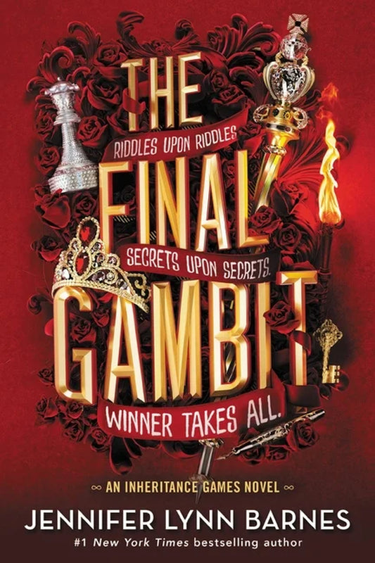 The book front cover of 'The Final Gambit: Inheritance Games Book-3 ' by Jennifer Lynn Barnes features a detailed, vibrant design. The image includes a striking gold crown atop a silver chess piece, set against a bold red background.
