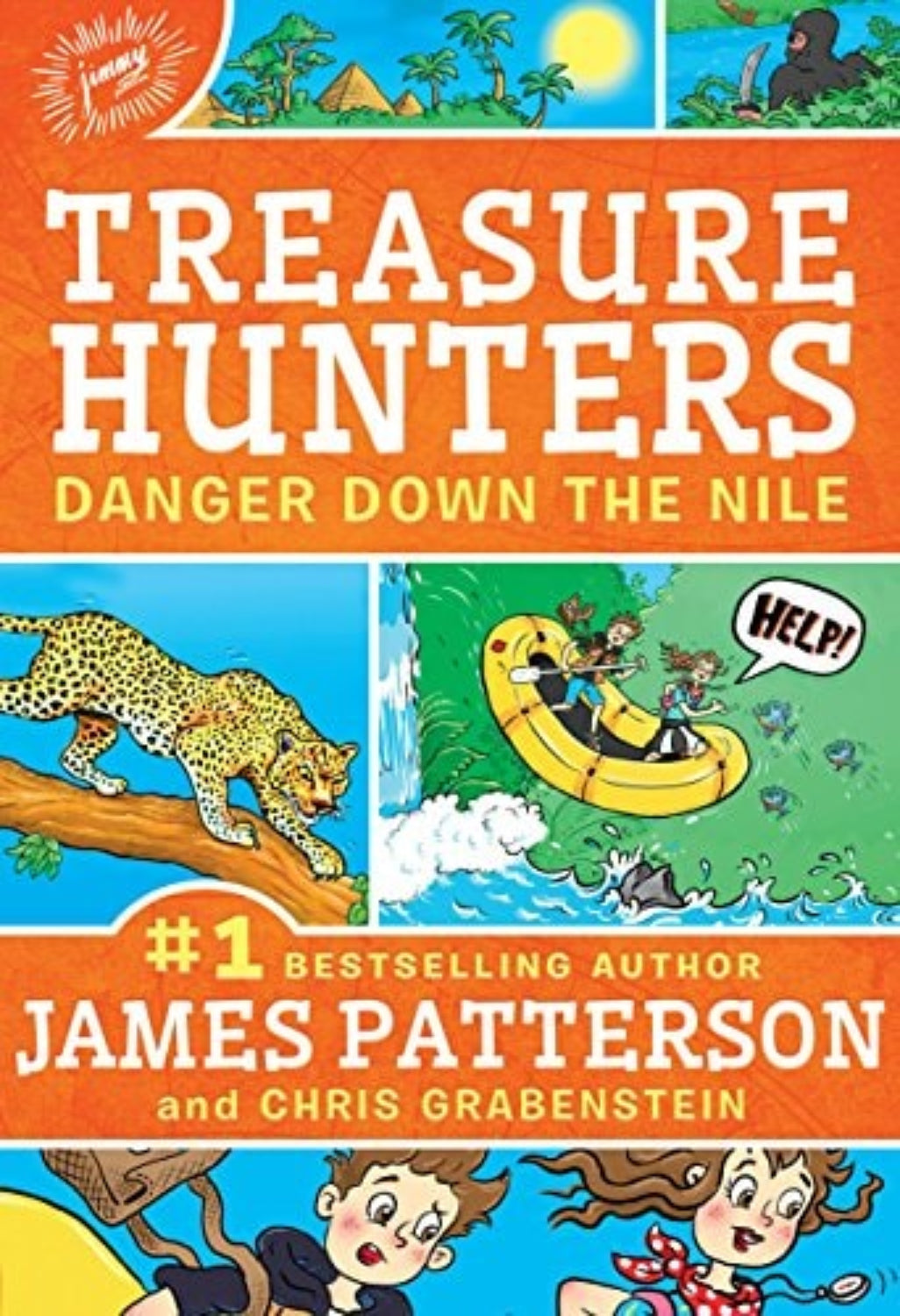 Book cover of 'Treasure Hunters: Danger Down the Nile' by James Patterson and Chris Grabenstein with colorful illustrations.