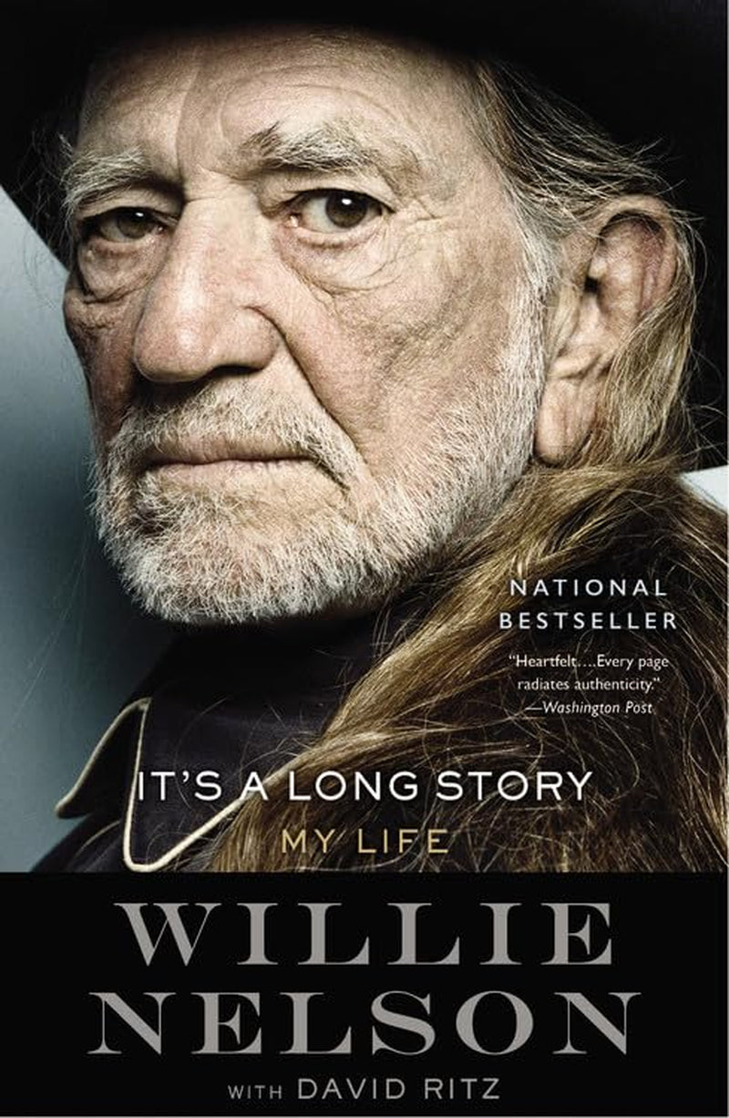 The cover of the book 'It's a Long Story: My Life' by Willie Nelson featuring a black and white photo of the author with a visible hat and a book title text.