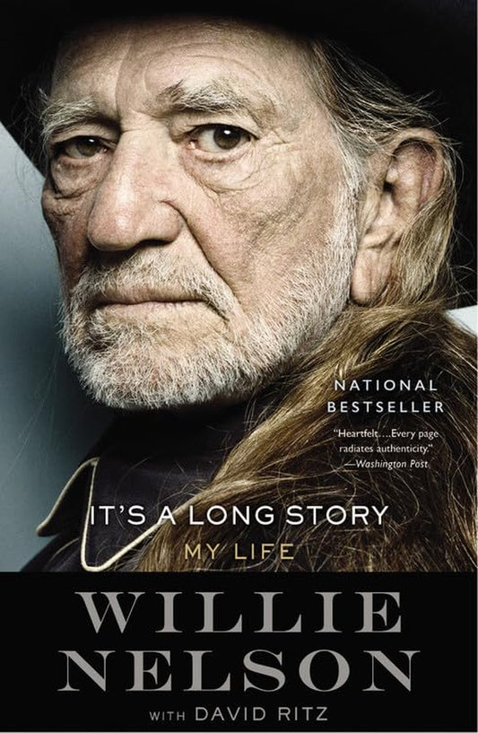 The cover of the book 'It's a Long Story: My Life' by Willie Nelson featuring a black and white photo of the author with a visible hat and a book title text.