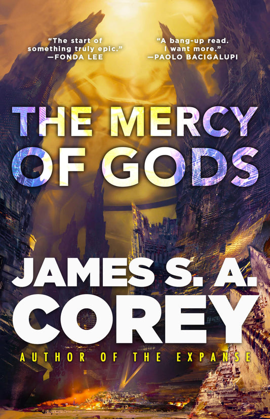 Book cover of 'The Mercy of Gods' by James S.A. Corey with a fiery background and character silhouette.