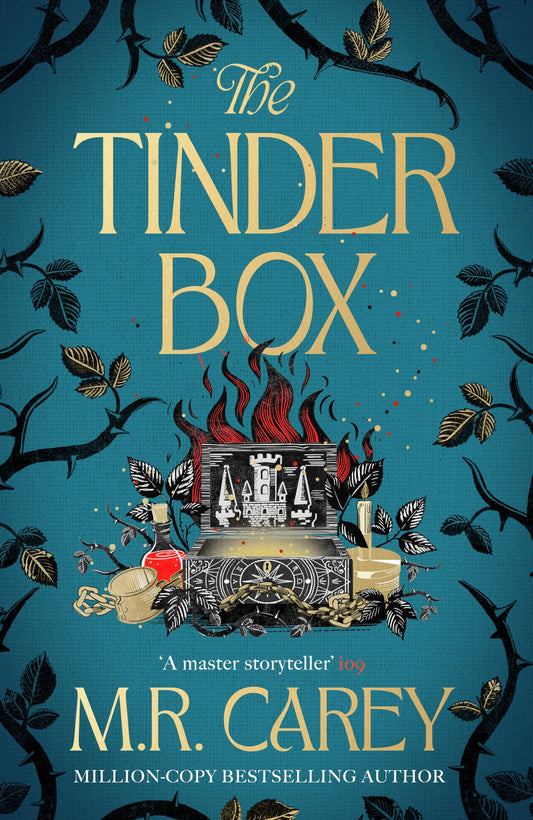 Book cover of 'The Tinder Box' by M.R. Carey with a blue background and decorative elements.