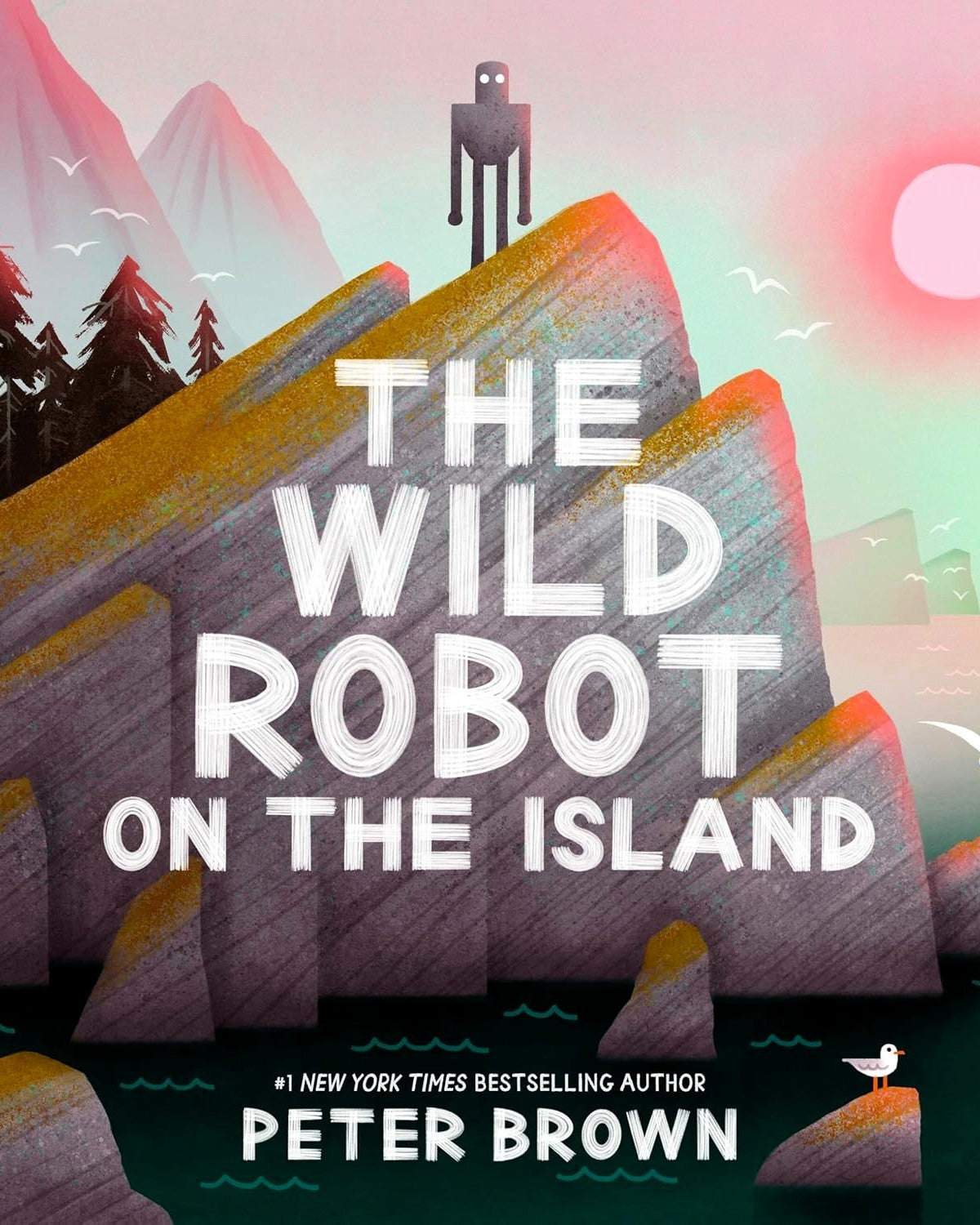 Front cover of The Wild Robot on the Island illustrated picture book adaptation by Peter Brown — colorful illustrated scene from the Wild Robot series.