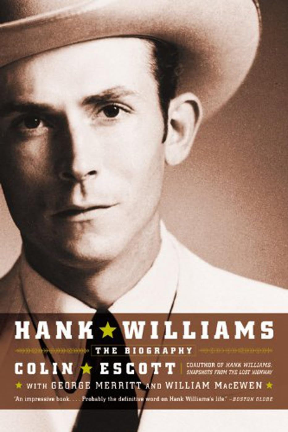 Book cover of "Hank Williams: The Biography" by William MacEwen, Colin Escott & George Merritt, displaying portrait of a young Hank Williams.
