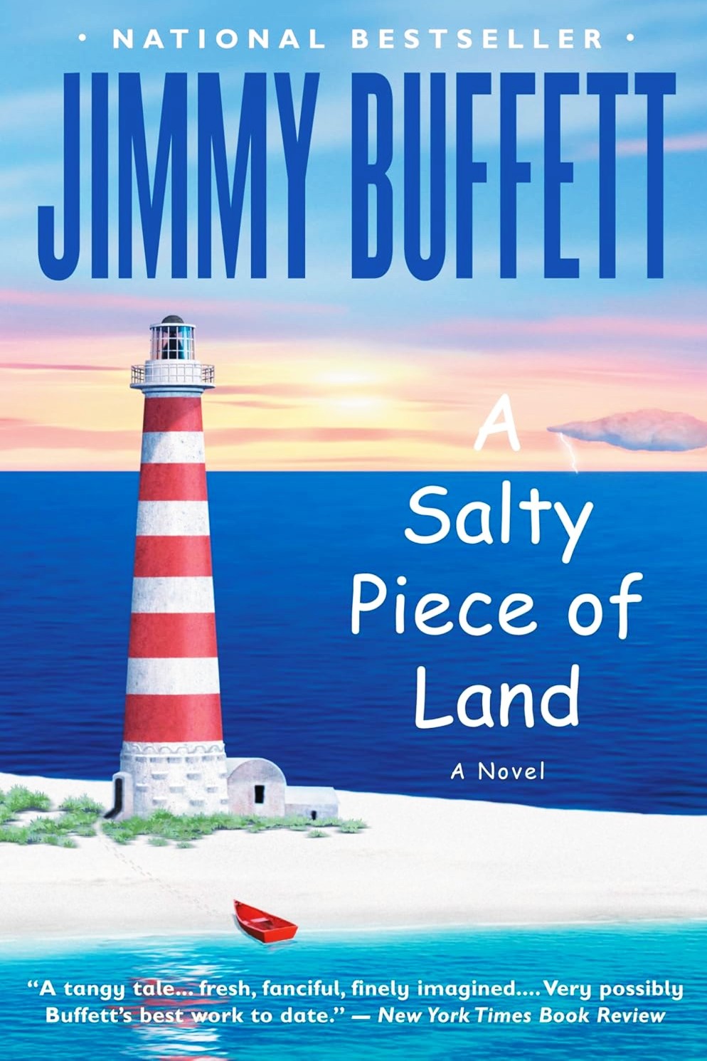 Book cover of 'A Salty Piece of Land' by Jimmy Buffett with a lighthouse and sailboat illustration.
